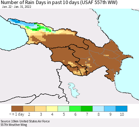 Azerbaijan, Armenia and Georgia Number of Rain Days in past 10 days (USAF 557th WW) Thematic Map For 1/26/2022 - 1/31/2022