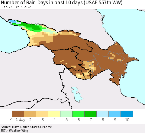 Azerbaijan, Armenia and Georgia Number of Rain Days in past 10 days (USAF 557th WW) Thematic Map For 2/1/2022 - 2/5/2022