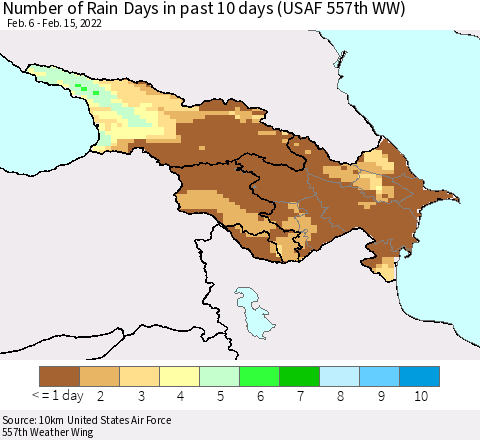 Azerbaijan, Armenia and Georgia Number of Rain Days in past 10 days (USAF 557th WW) Thematic Map For 2/11/2022 - 2/15/2022