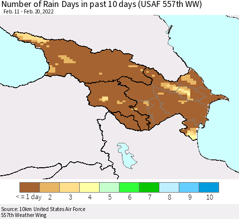 Azerbaijan, Armenia and Georgia Number of Rain Days in past 10 days (USAF 557th WW) Thematic Map For 2/16/2022 - 2/20/2022