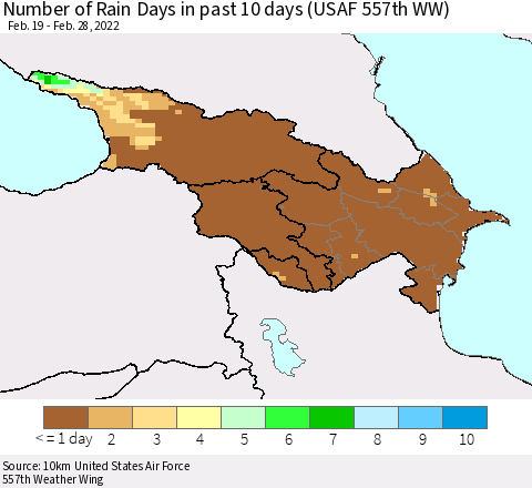 Azerbaijan, Armenia and Georgia Number of Rain Days in past 10 days (USAF 557th WW) Thematic Map For 2/26/2022 - 2/28/2022