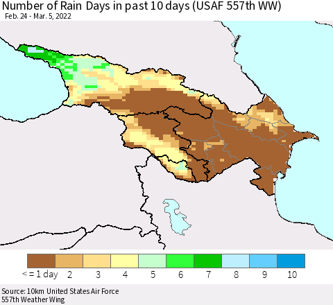 Azerbaijan, Armenia and Georgia Number of Rain Days in past 10 days (USAF 557th WW) Thematic Map For 3/1/2022 - 3/5/2022