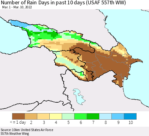 Azerbaijan, Armenia and Georgia Number of Rain Days in past 10 days (USAF 557th WW) Thematic Map For 3/6/2022 - 3/10/2022