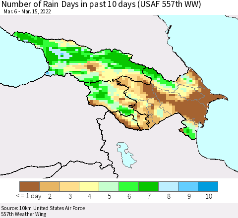 Azerbaijan, Armenia and Georgia Number of Rain Days in past 10 days (USAF 557th WW) Thematic Map For 3/11/2022 - 3/15/2022