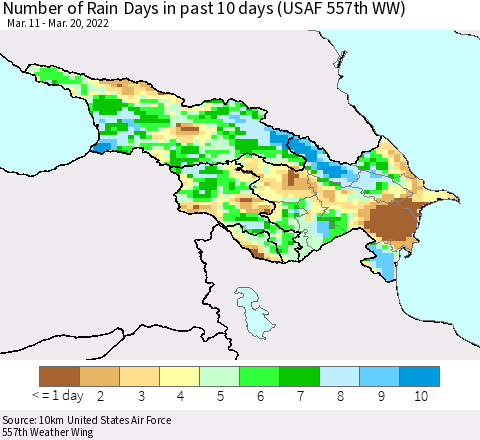 Azerbaijan, Armenia and Georgia Number of Rain Days in past 10 days (USAF 557th WW) Thematic Map For 3/16/2022 - 3/20/2022