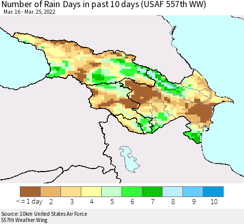 Azerbaijan, Armenia and Georgia Number of Rain Days in past 10 days (USAF 557th WW) Thematic Map For 3/21/2022 - 3/25/2022