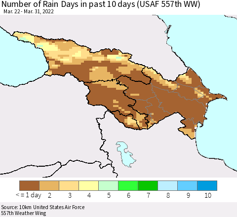 Azerbaijan, Armenia and Georgia Number of Rain Days in past 10 days (USAF 557th WW) Thematic Map For 3/26/2022 - 3/31/2022