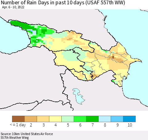 Azerbaijan, Armenia and Georgia Number of Rain Days in past 10 days (USAF 557th WW) Thematic Map For 4/6/2022 - 4/10/2022