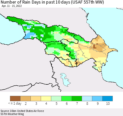 Azerbaijan, Armenia and Georgia Number of Rain Days in past 10 days (USAF 557th WW) Thematic Map For 4/11/2022 - 4/15/2022