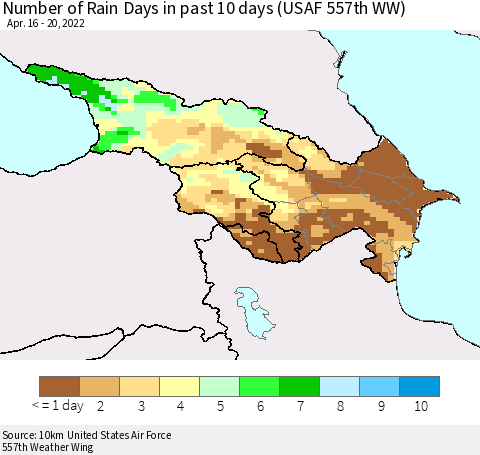 Azerbaijan, Armenia and Georgia Number of Rain Days in past 10 days (USAF 557th WW) Thematic Map For 4/16/2022 - 4/20/2022