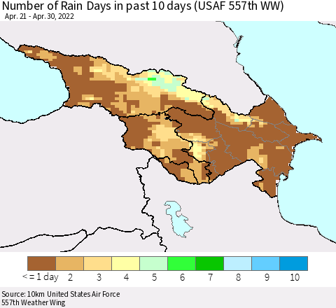 Azerbaijan, Armenia and Georgia Number of Rain Days in past 10 days (USAF 557th WW) Thematic Map For 4/26/2022 - 4/30/2022