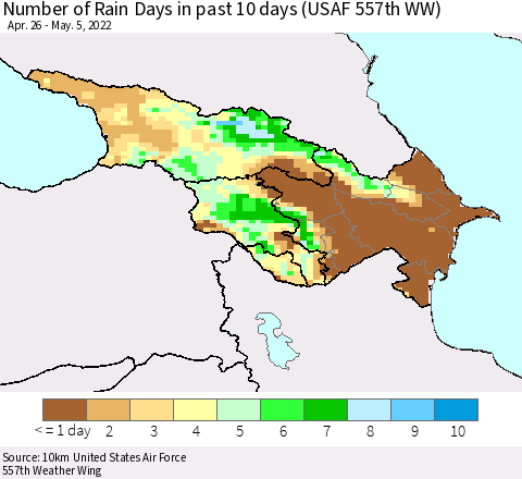 Azerbaijan, Armenia and Georgia Number of Rain Days in past 10 days (USAF 557th WW) Thematic Map For 5/1/2022 - 5/5/2022