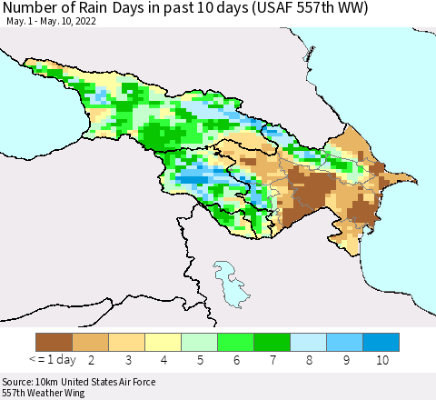Azerbaijan, Armenia and Georgia Number of Rain Days in past 10 days (USAF 557th WW) Thematic Map For 5/6/2022 - 5/10/2022