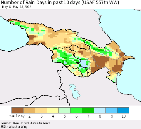 Azerbaijan, Armenia and Georgia Number of Rain Days in past 10 days (USAF 557th WW) Thematic Map For 5/11/2022 - 5/15/2022