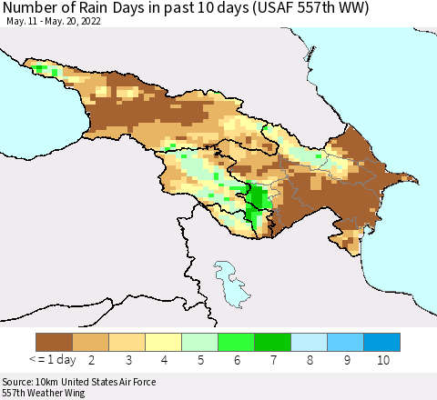 Azerbaijan, Armenia and Georgia Number of Rain Days in past 10 days (USAF 557th WW) Thematic Map For 5/16/2022 - 5/20/2022