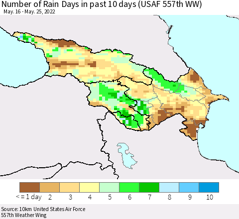 Azerbaijan, Armenia and Georgia Number of Rain Days in past 10 days (USAF 557th WW) Thematic Map For 5/21/2022 - 5/25/2022