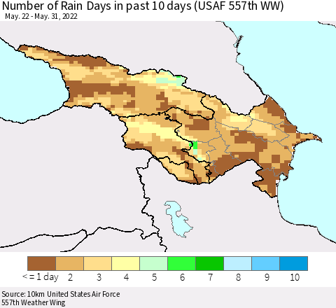 Azerbaijan, Armenia and Georgia Number of Rain Days in past 10 days (USAF 557th WW) Thematic Map For 5/26/2022 - 5/31/2022