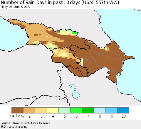 Azerbaijan, Armenia and Georgia Number of Rain Days in past 10 days (USAF 557th WW) Thematic Map For 6/1/2022 - 6/5/2022