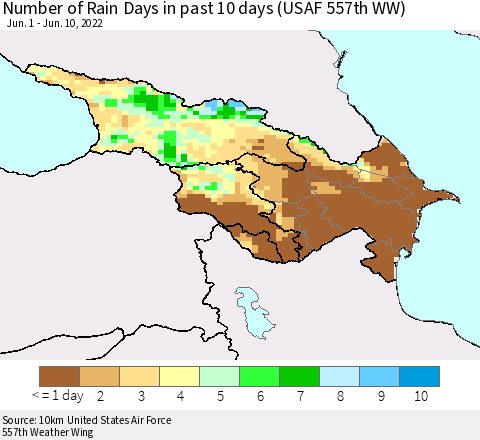 Azerbaijan, Armenia and Georgia Number of Rain Days in past 10 days (USAF 557th WW) Thematic Map For 6/6/2022 - 6/10/2022