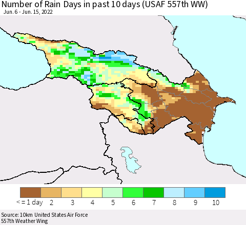 Azerbaijan, Armenia and Georgia Number of Rain Days in past 10 days (USAF 557th WW) Thematic Map For 6/11/2022 - 6/15/2022