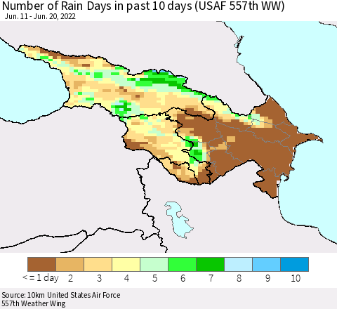 Azerbaijan, Armenia and Georgia Number of Rain Days in past 10 days (USAF 557th WW) Thematic Map For 6/16/2022 - 6/20/2022