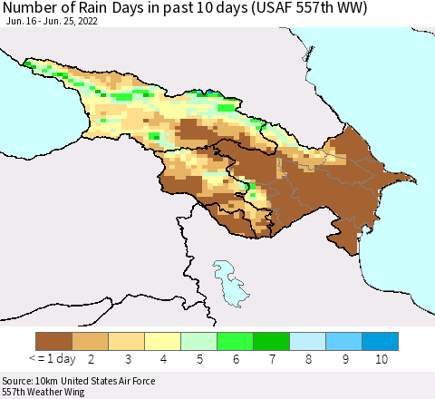 Azerbaijan, Armenia and Georgia Number of Rain Days in past 10 days (USAF 557th WW) Thematic Map For 6/21/2022 - 6/25/2022