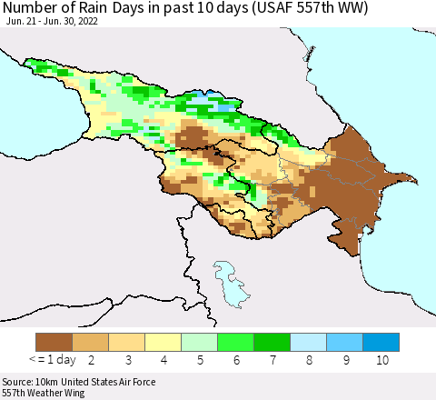 Azerbaijan, Armenia and Georgia Number of Rain Days in past 10 days (USAF 557th WW) Thematic Map For 6/26/2022 - 6/30/2022