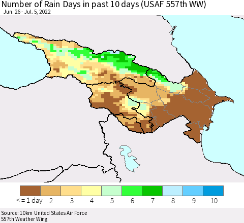 Azerbaijan, Armenia and Georgia Number of Rain Days in past 10 days (USAF 557th WW) Thematic Map For 7/1/2022 - 7/5/2022