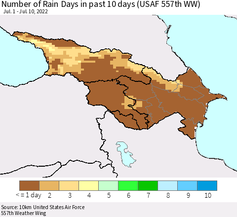 Azerbaijan, Armenia and Georgia Number of Rain Days in past 10 days (USAF 557th WW) Thematic Map For 7/6/2022 - 7/10/2022