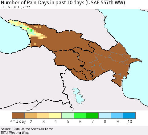 Azerbaijan, Armenia and Georgia Number of Rain Days in past 10 days (USAF 557th WW) Thematic Map For 7/11/2022 - 7/15/2022