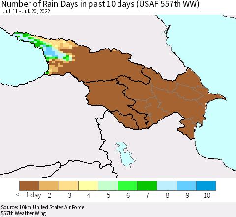 Azerbaijan, Armenia and Georgia Number of Rain Days in past 10 days (USAF 557th WW) Thematic Map For 7/16/2022 - 7/20/2022