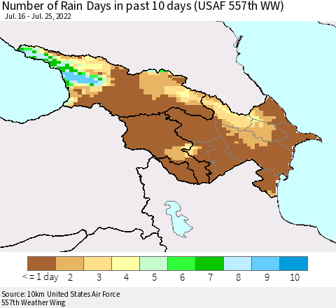Azerbaijan, Armenia and Georgia Number of Rain Days in past 10 days (USAF 557th WW) Thematic Map For 7/21/2022 - 7/25/2022