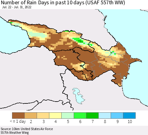 Azerbaijan, Armenia and Georgia Number of Rain Days in past 10 days (USAF 557th WW) Thematic Map For 7/26/2022 - 7/31/2022