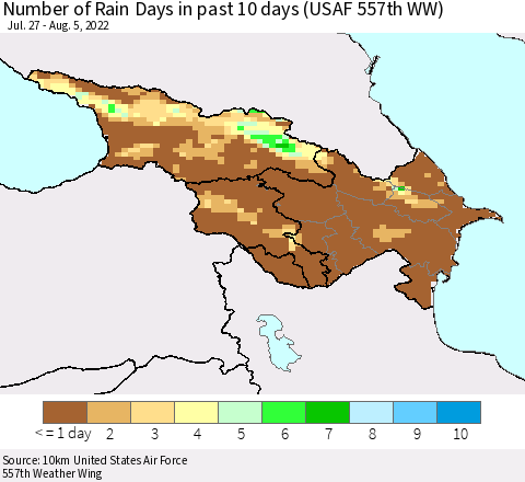 Azerbaijan, Armenia and Georgia Number of Rain Days in past 10 days (USAF 557th WW) Thematic Map For 8/1/2022 - 8/5/2022
