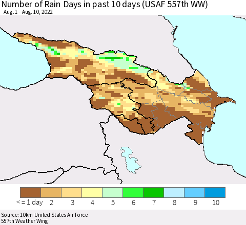 Azerbaijan, Armenia and Georgia Number of Rain Days in past 10 days (USAF 557th WW) Thematic Map For 8/6/2022 - 8/10/2022