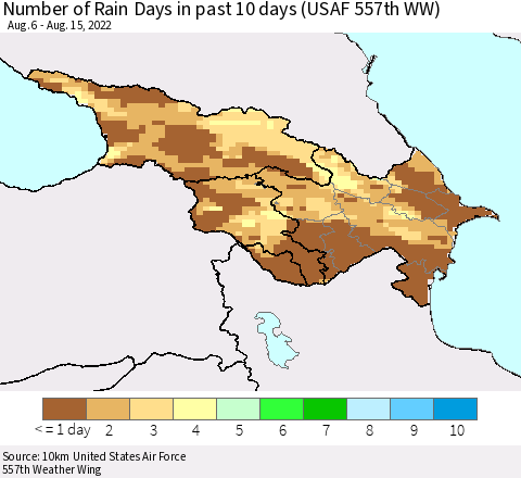 Azerbaijan, Armenia and Georgia Number of Rain Days in past 10 days (USAF 557th WW) Thematic Map For 8/11/2022 - 8/15/2022