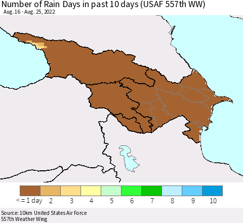 Azerbaijan, Armenia and Georgia Number of Rain Days in past 10 days (USAF 557th WW) Thematic Map For 8/21/2022 - 8/25/2022