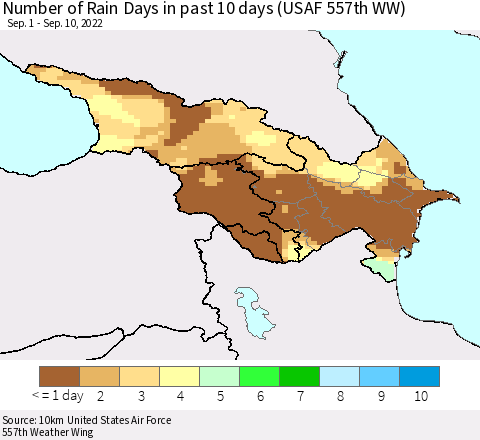 Azerbaijan, Armenia and Georgia Number of Rain Days in past 10 days (USAF 557th WW) Thematic Map For 9/6/2022 - 9/10/2022