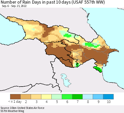 Azerbaijan, Armenia and Georgia Number of Rain Days in past 10 days (USAF 557th WW) Thematic Map For 9/11/2022 - 9/15/2022