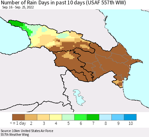 Azerbaijan, Armenia and Georgia Number of Rain Days in past 10 days (USAF 557th WW) Thematic Map For 9/21/2022 - 9/25/2022