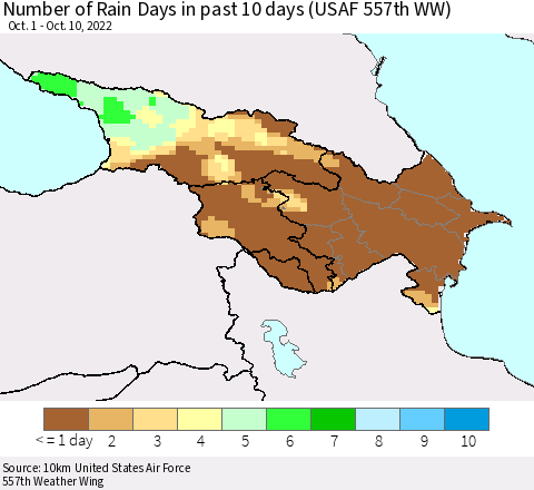 Azerbaijan, Armenia and Georgia Number of Rain Days in past 10 days (USAF 557th WW) Thematic Map For 10/6/2022 - 10/10/2022