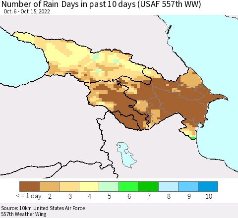 Azerbaijan, Armenia and Georgia Number of Rain Days in past 10 days (USAF 557th WW) Thematic Map For 10/11/2022 - 10/15/2022