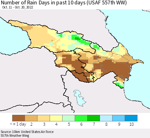 Azerbaijan, Armenia and Georgia Number of Rain Days in past 10 days (USAF 557th WW) Thematic Map For 10/16/2022 - 10/20/2022