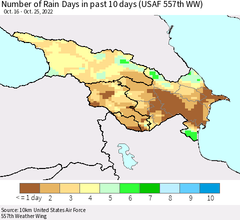 Azerbaijan, Armenia and Georgia Number of Rain Days in past 10 days (USAF 557th WW) Thematic Map For 10/21/2022 - 10/25/2022