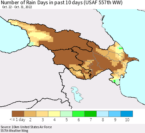 Azerbaijan, Armenia and Georgia Number of Rain Days in past 10 days (USAF 557th WW) Thematic Map For 10/26/2022 - 10/31/2022