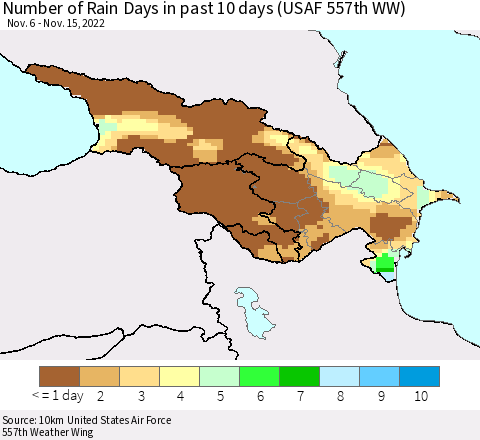 Azerbaijan, Armenia and Georgia Number of Rain Days in past 10 days (USAF 557th WW) Thematic Map For 11/11/2022 - 11/15/2022