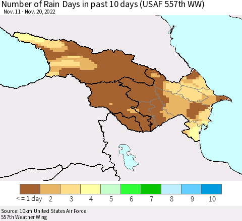Azerbaijan, Armenia and Georgia Number of Rain Days in past 10 days (USAF 557th WW) Thematic Map For 11/16/2022 - 11/20/2022