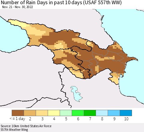 Azerbaijan, Armenia and Georgia Number of Rain Days in past 10 days (USAF 557th WW) Thematic Map For 11/26/2022 - 11/30/2022