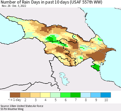 Azerbaijan, Armenia and Georgia Number of Rain Days in past 10 days (USAF 557th WW) Thematic Map For 12/1/2022 - 12/5/2022
