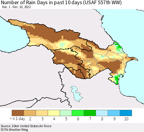 Azerbaijan, Armenia and Georgia Number of Rain Days in past 10 days (USAF 557th WW) Thematic Map For 12/6/2022 - 12/10/2022